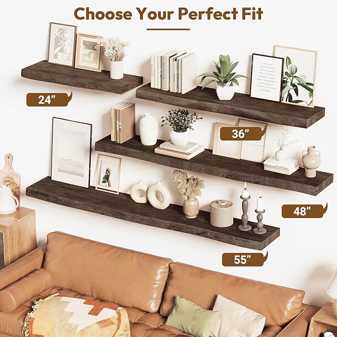 Vivelove Live Edge Floating Shelves 24 inch, Solid Elm Wood Wall Display Shelf with Invisible Bracket for Living Room Bedroom Bathroom Office, Rustic Farmhouse, 24x8x1.4 inch - Dark Walnut