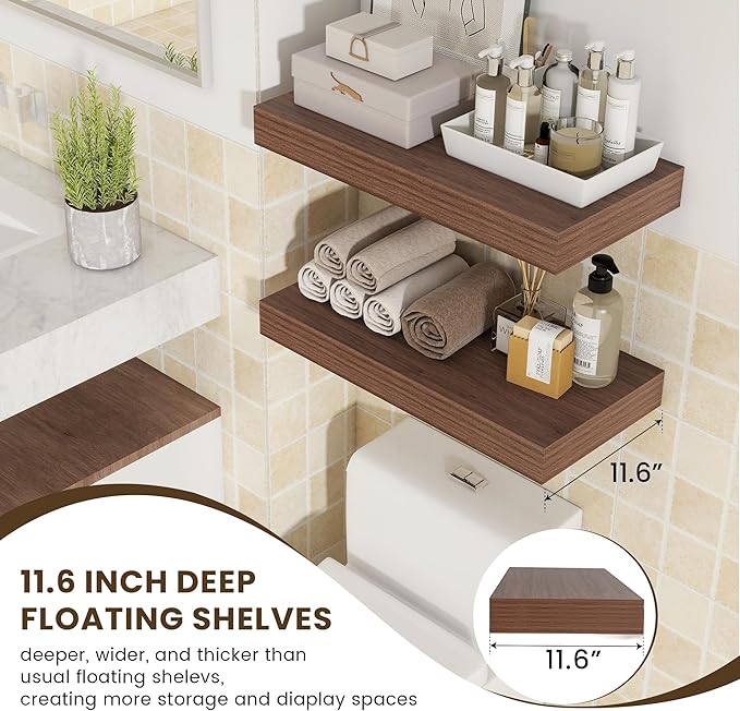 FLYJOE Deep Floating Shelves | 24 Inch Walnut Floating Shelves Set of 2 | 12 Inch Deep Rustic Wood Shelves for Wall | 24" W x 12" D Walnut Shelves for Living Room Bathroom Laundry Room Kitchen