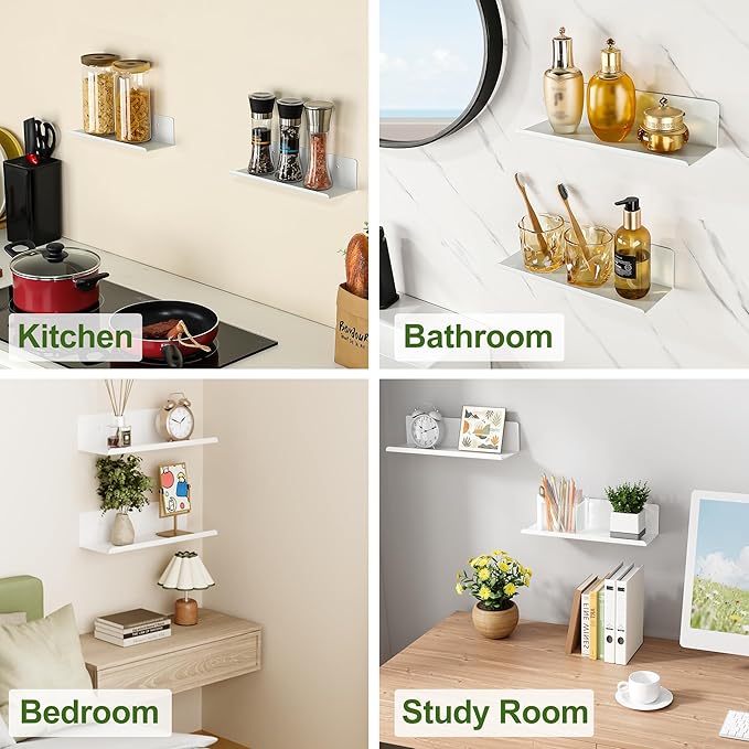 SAYAYO White Floating Shelves for Wall Storage, 12 Inch Screw or Self Adhesive Wall Shelves for Bedroom Decor, Small Display Bathroom Shelf Organizer for Kitchen, Living Room, Office, 2pcs