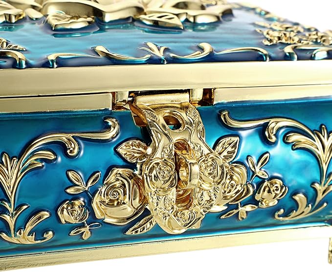 Hipiwe Metal Decorative Jewelry Box Vintage Treasure Chest Case Ornate Trinket Organizer Earrings Necklace Bracelet Storage Box Ring Holder Keepsake Box for Women