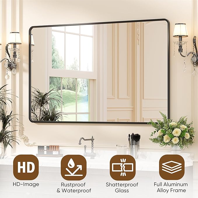 Antok Bathroom Mirror, 48"x30" Wall Mirror, Decorative Mirrors Vanity Mirror Aluminum Alloy Frame Contemporary Rectangular Hanging Mirror for Living Room Bathroom Entryway,Black,Round Corner