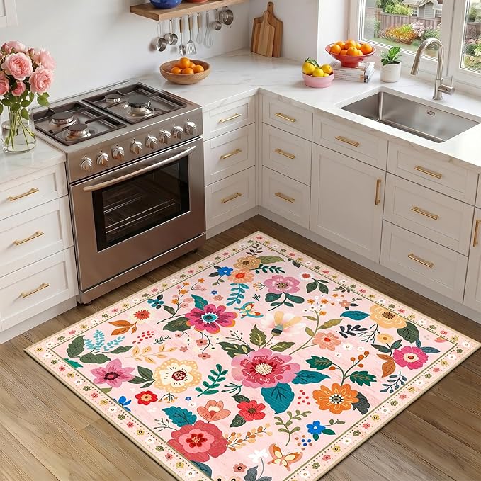 RELEANY Floral Nursery Square 5ft Area Rugs Washable Print Boho Cute Carpet Non Slip Flower Low Pile for Living Room Kids Girls Playroom Bedroom Kitchen Office Farmhouse-Pink
