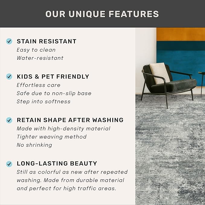 Hazo Haus Large Slate Blue Rug for Living Room - Neutral Farmhouse 9x12 Area Rug for Dining Room, Bedroom Under Bed, Non Slip with Rubber Backing & Stain Resistant Dark Gray Decor