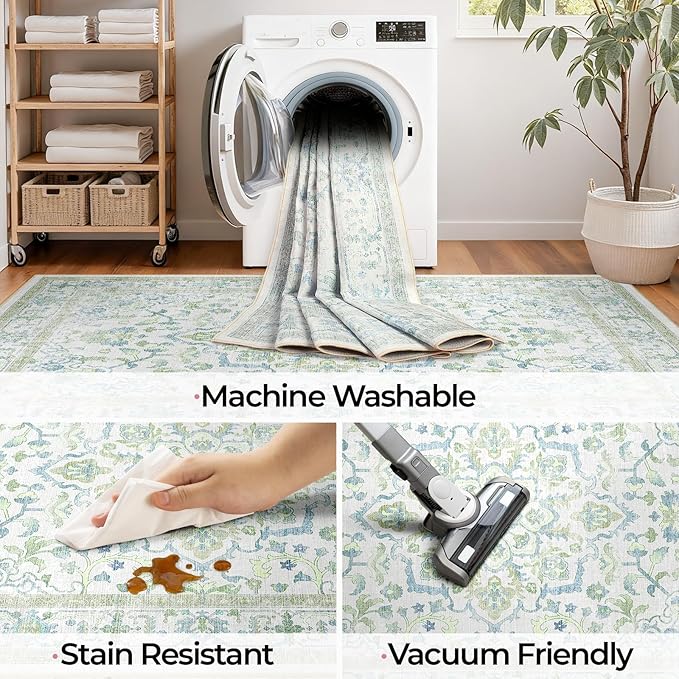 CAPALOCA Machine Washable Rugs Nursery Rug 7x9 Cute Girl Non Slip Low Pile Water Repellent Soft Print Pattern for Bedroom Indoor Decor Kids Playroom Green Blue