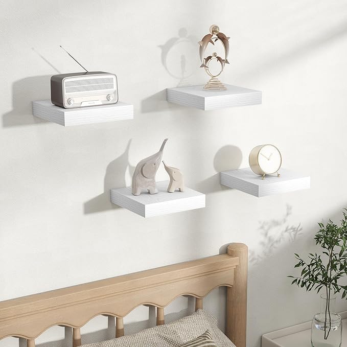 Fun Memories Rustic Floating Wall Shelves, Wall Mounted Wood Storage & Display Shelves for Bathroom, Bedroom, Living Room or Kitchen, (Set of 4, White, 8 in)