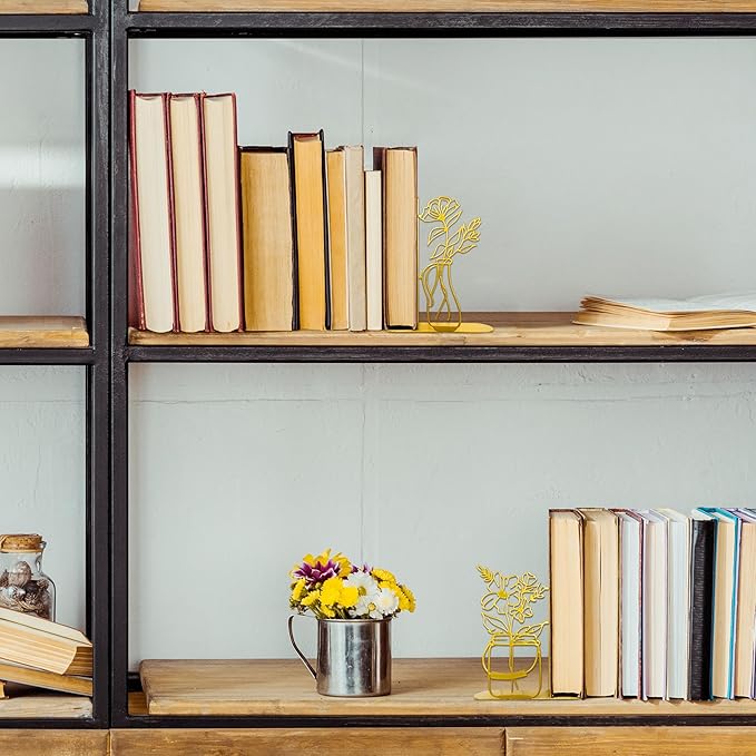 Metal Flower Vase Book Ends, Cute Book Ends for Office Home Decor Decorative Book Ends for Shelves, Ideal Gift for Book Lovers(Gold)