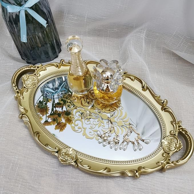 Oval Printed Decorative Mirror Tray, French Style, Mirror, Makeup Organizer, Jewelry Organizer, Serving Tray, 9.8"x 14.6", Gold