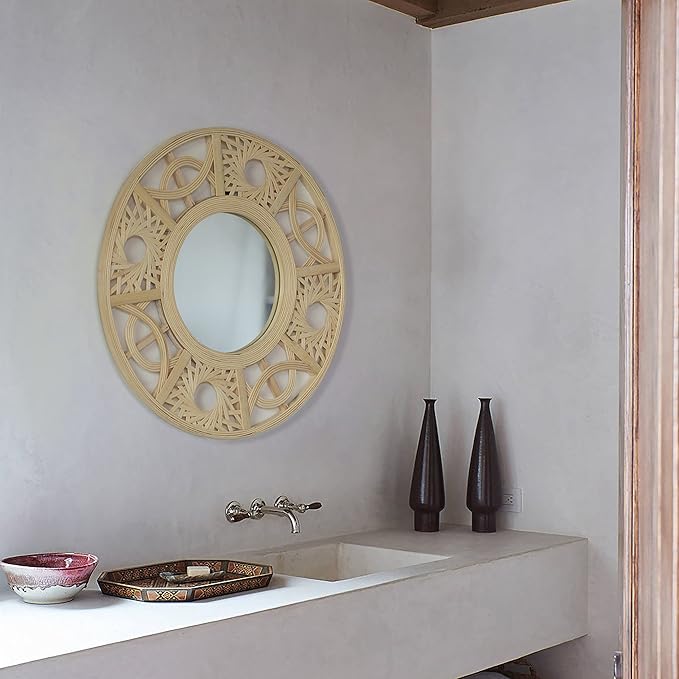 Vintiquewise Boho Bamboo Hanging Wall Mirror, Round Asymmetrical Vintage Rattan Mirror for Wall Decor, Nursery, Living Room, Playroom, Unique Small Coastal Mirror