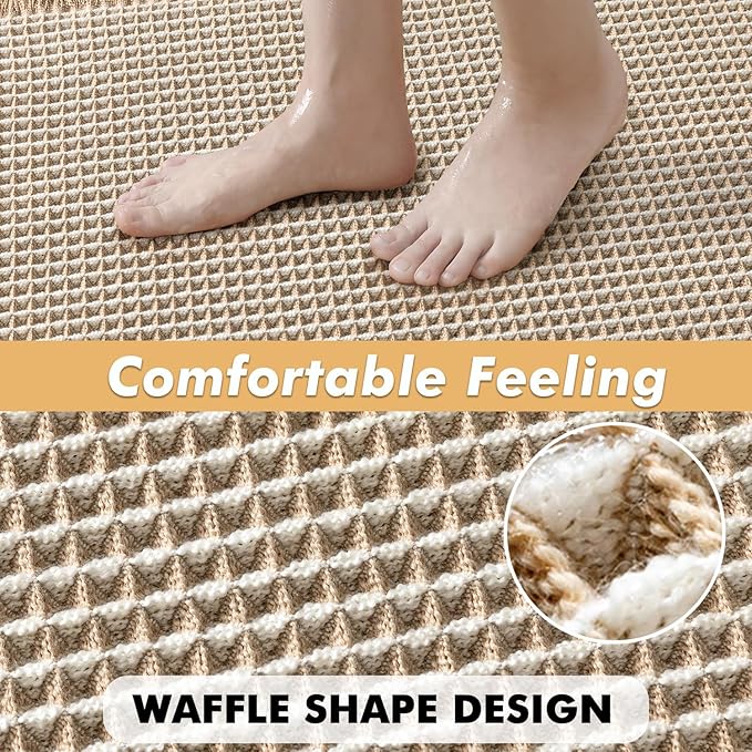 MIULEE Set of 2 Waffle Bathroom Rugs, Boho Bath Rugs Non Slip Washable, Super Absorbent Bath Mats, Ultra Soft Rubber Backed Shower Mats for Bathroom Floor, Tub, Brown & White, 18x30 Inch