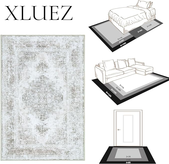 XLUEZ Area Rug 10x14 Living Room Rugs, Machine Washable Vintage Distressed Medallion Rug Non-Slip Soft Low Pile Large Indoor Rugs for Bedroom Kitchen Dining Room Office(Taupe,10'x14')