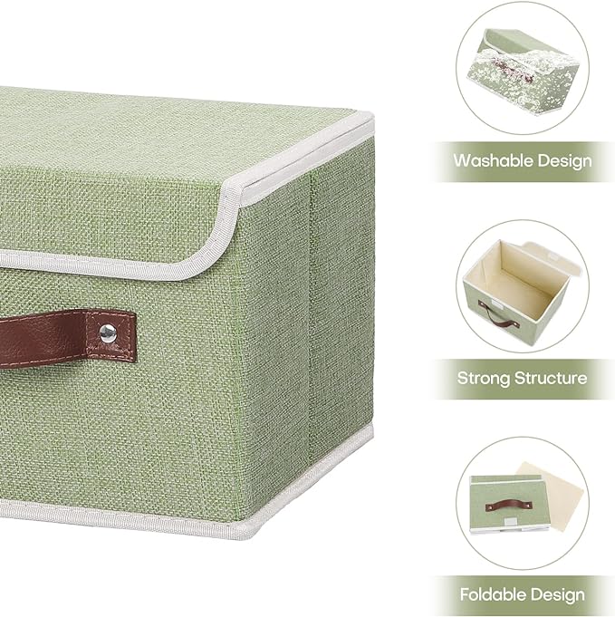 ANMINY 4PCS Storage Bins with Lid PU Leather Handles Storage Boxes PP Plastic Board Decorative Foldable Lidded Cotton Linen Fabric Home Cubes Baskets Closet Organizer Containers - Green, Small Size