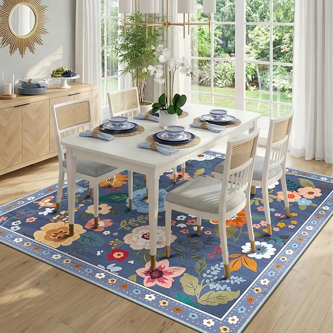RELEANY Floral Nursery Square 5ft Area Rugs Washable Print Boho Cute Carpet Non Slip Flower Low Pile for Living Room Kids Girls Playroom Bedroom Kitchen Office Farmhouse-Blue/Grey