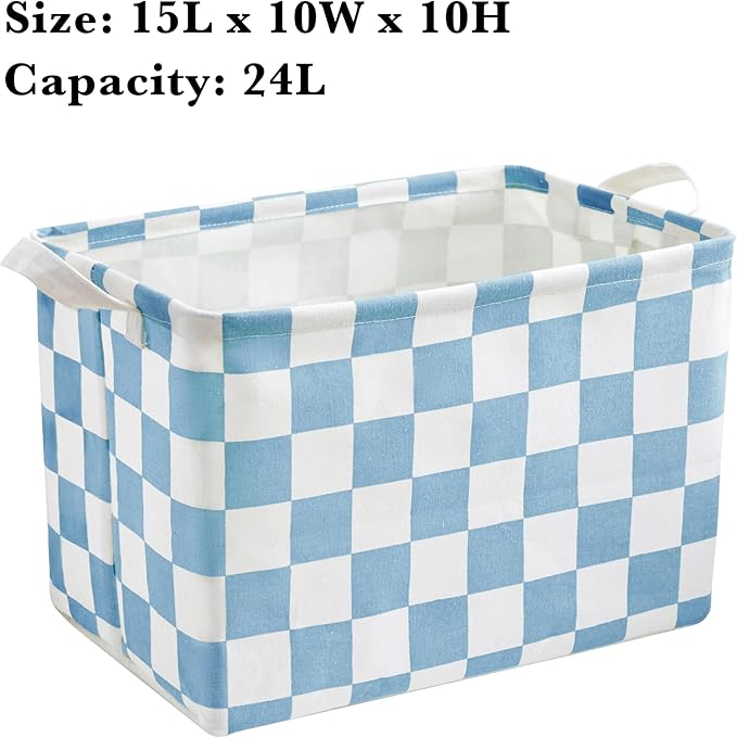 Ohocut Blue Checkered Canvas Basket, Rectangular Organizing Decorative Storage Basket for Kids, Dog Toy, Cute Aesthetic Boys Room Decor for Home, Kitchen, Bedroom, Classroom, Shelves