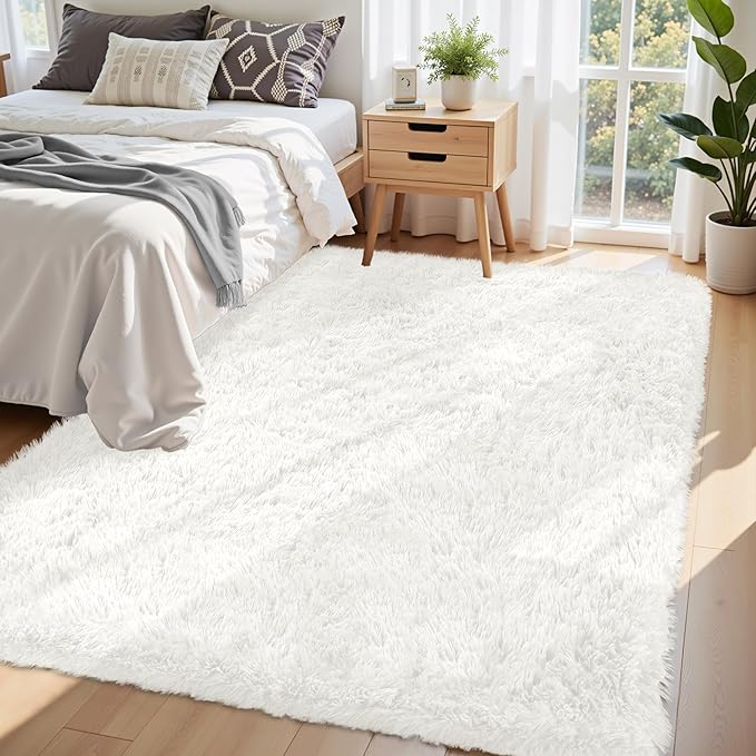 5x7 Area Rug for Living Room:Ultra Soft Fluffy Shag White Rugs,Large Fuzzy Plush Indoor Non Slip Carpet Washable Rug for Bedroom Kids Nursery Office Dorm Modern Decor(White 5'x7')