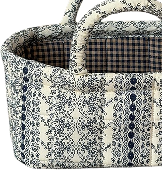 Small Floral Storage Bins with Cotton Handles – Collapsible Boho Fabric Storage Basket for Drawers, Shelves & Desktop