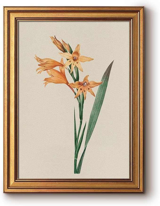 Bzstyleart Vintage Wall Art Decor for Living Room, Gladiolus Yellow Flower Wall Art Botanical, Vintage Floral Botanical Prints, Gold Framed Artwork Room Decor Aesthetic for Bedroom, 12 x 16 Inch
