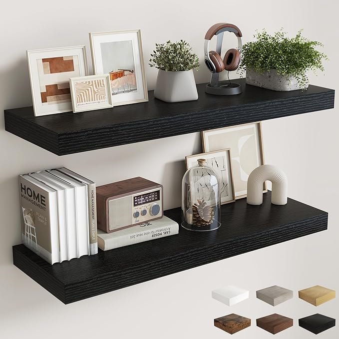 Fun Memories 12 Inch Deep Floating Shelves, 40 x 12 Floating Shelves for Wall Set of 2, Extra Deeper Hanging Wood Wall Shelves for Bedroom, Living Room, Kitchen, Black