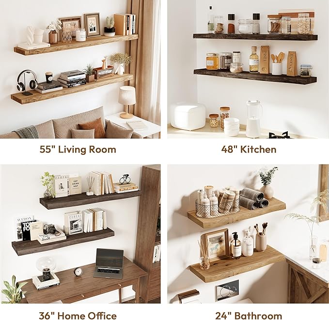Vivelove 55 Inch Live Edge Floating Shelves Solid Wood, Elm Shelves for Wall with Invisible Bracket for Living Room Bedroom Bathroom Office Book, Rustic Farmhouse Wooden Shelf Set of 1- Natural