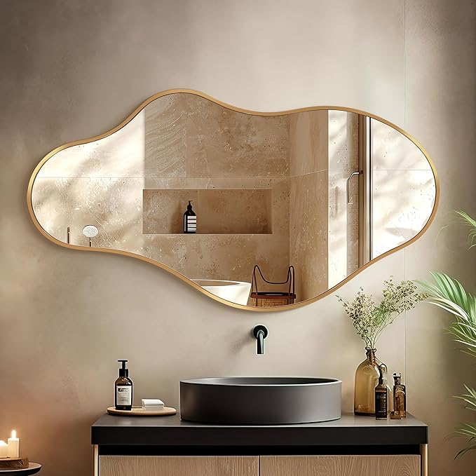 Dorlicecass Bathroom Mirrors for Over Sink - Long Wall Mirrors Decorative 20"x 36" Asymmetrical Abstract Aviation Aluminum Alloy Frame Unique for Bedroom, Living Room, Cloakroom, Entryway Gold