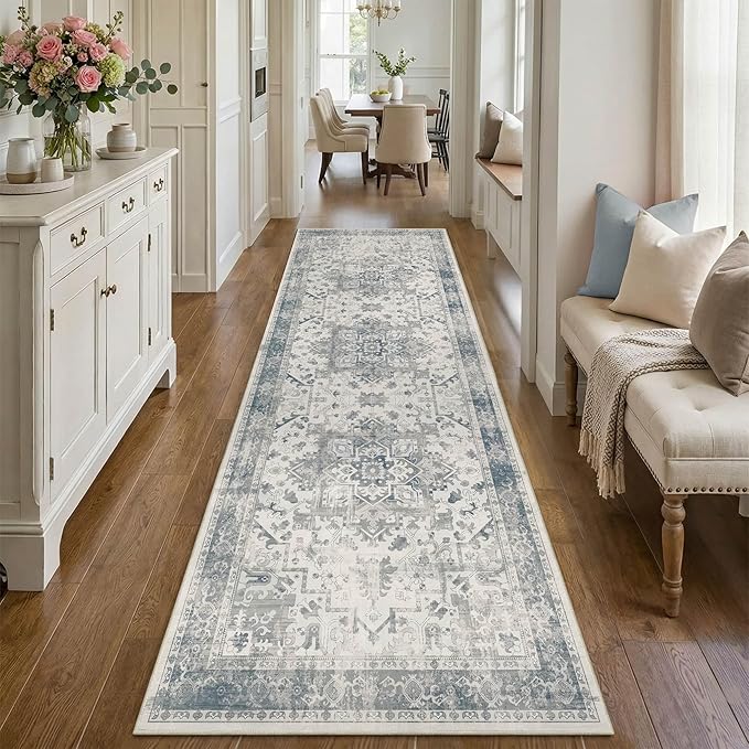 Rugxara 2'6" x 8' Hallway Runner Rug, Non Slip Boho Runner Rugs for Hallway, Kitchen, Entrance, Bathroom, Laundry Room, Soft Ultra-Thin Entryway Carpet, Throw Low Pile Retro Carpet, Blue/Grey