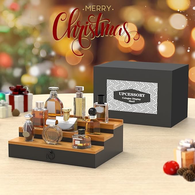 upcessory Cologne Organizer for Men, 3 Tier Wood Perfume Organizer with Felt Lining Drawer and Hidden Compartment Perfume Display Holder, A gift for men