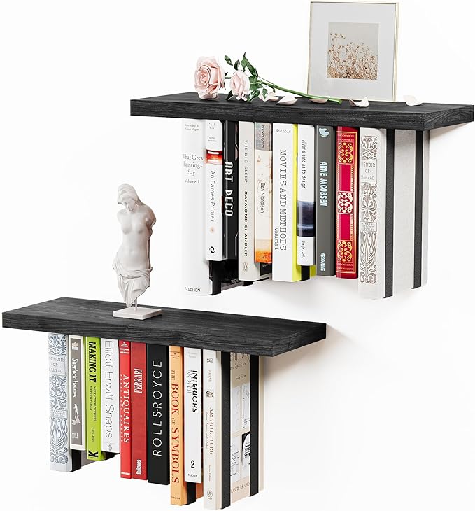 Floating Bookshelves for Wall, Rustic Wood Hanging Wall Bookshelf, Upside Down Book Shelf and Wall Mounted Bookshelves for Home Decor in Bedroom, Living Room, Black 2 Pack