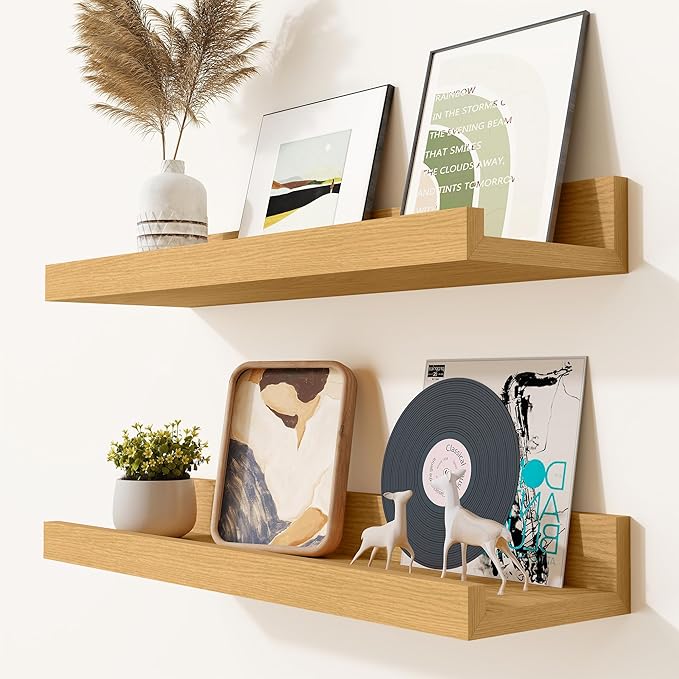 Heimlove Picture Ledge Shelf, Small Floating Shelves Set of 2, 16 Inches Picture Shelf for Wall with Ledge, Kids Bookshelf Wall Mounted for Living Room Bedroom Decor，Oak Color