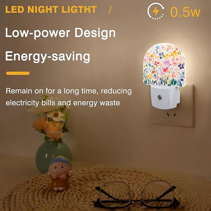 Night Lights Plug into Wall Watercolor Floral Night Light Dusk to Dawn Smart Sensor Decorative Round Led Lamp for Bedroom Kitchen Hallway Nightlight for Women Men