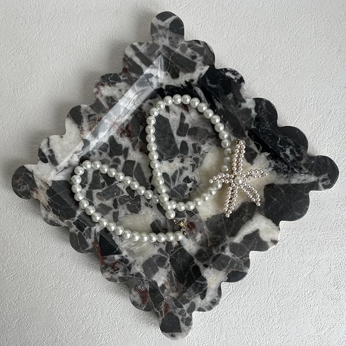 Vintage Natural Marble Tray Small Ornaments Scalloped Tray Handmade Storage Dish for Counter, Vanity, Dresser, Nightstand and Desk (Black White Brown)