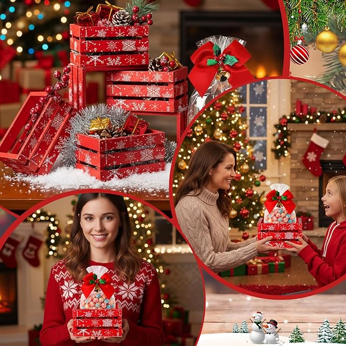 AceOrbit 12 Pcs Winter Wooden Gift Boxes 5 Inch Red Snowflakes Storage Basket Set with 12 Holly Bows and 12 Clear Gift Bags Small Decorative Nesting Organizer Boxes for Winter Craft Xmas Candy