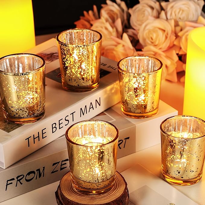 UPBUD Gold Votive Candle Holders Set of 24, Speckled Mercury Candle Holders for Wedding Gold Centerpiece Table Decorations, Tealight Candle Holder for Party Bridal Shower Decor, Home Decor