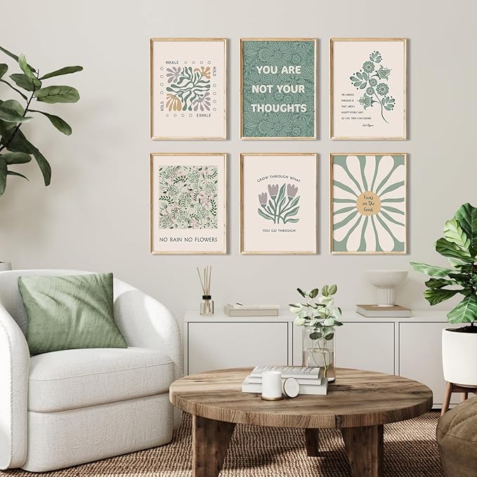Mental Health Wall Art Therapy Office Canvas Wall Decor Green Motivational Posters Prints Boho Inspirational Quote Pictures Positive Psychology Artwork Painting for Classroom 8x10 Inch Unframed 6Pcs