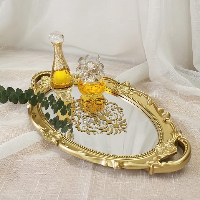 Oval Printed Decorative Mirror Tray, French Style, Mirror, Makeup Organizer, Jewelry Organizer, Serving Tray, 9.8"x 14.6", Gold