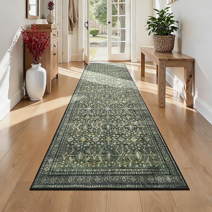 Lofus 2'6"x8' Area Rug for Hallways,Green Washable Runner Rugs with Non Slip Rubber Backing, Low Pile Soft Carpet Runner for Kitchen Bathroom Bedroom Laundry