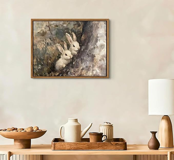 Framed Easter Bunny Canvas Wall Art Rustic Rabbit in the Forest Vintage Farmhouse Painting Classical Oil Easter Wall Decor For Bedroom Living Room Kitchen Office