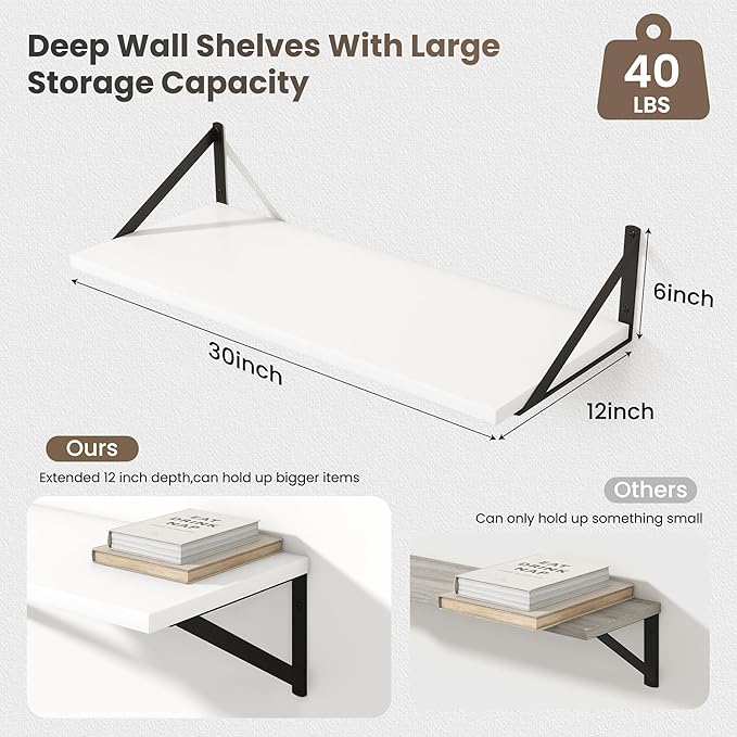 Marsmiles White Floating Shelves for Wall - 30 Inch Wide x 12 Inch Deep Wall Shelves Set of 2 - Wood Floating Shelves for Living Room Bedroom Bathroom