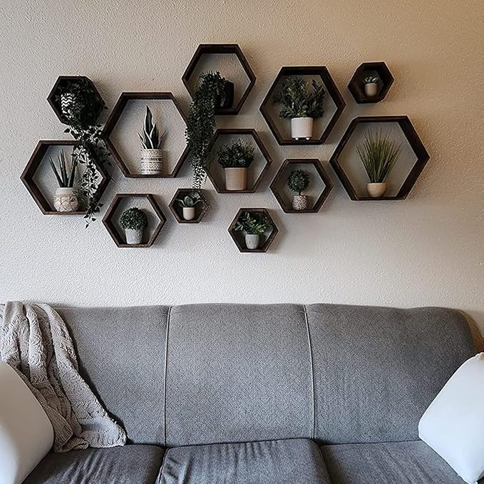 WONFUlity Hexagon Floating Shelves - Honeycomb Wall Mounted Wood Farmhouse Storage for Bathroom, Kitchen, Bedroom, Living Room - Driftwood Finish Decor, Light Brown