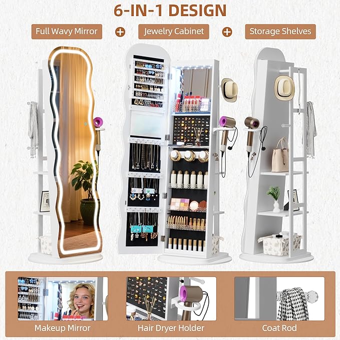 Vlsrka LED Mirror Jewelry Cabinet Standing, 360° Swivel Jewelry Aromire Organizer with Wavy Mirror, Lockable Jewelry Mirror with Storage, Jewelry Cabinet, Interior Mirror, Flodable Shelf, (LED White)