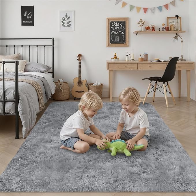 Fluffy 4x6 Area Rugs for Living Room Bedroom: Ultra Soft Shag Rug Non-Slip Non-Shedding Small Plush Bedside Rug Indoor Floor Carpets for Kids Room Playroom Entryway Nursery Dorms Home Decor Gray