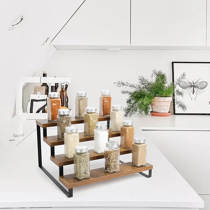 4 Step Wood Countertop Display Riser Stand,Wooden Display Riser Shelf,Spice Rack Organizer,Countertop Display Shelf for Perfume,Makeup,Figure, Bottles,Jars,Baking Supplies (Rustic Brown)