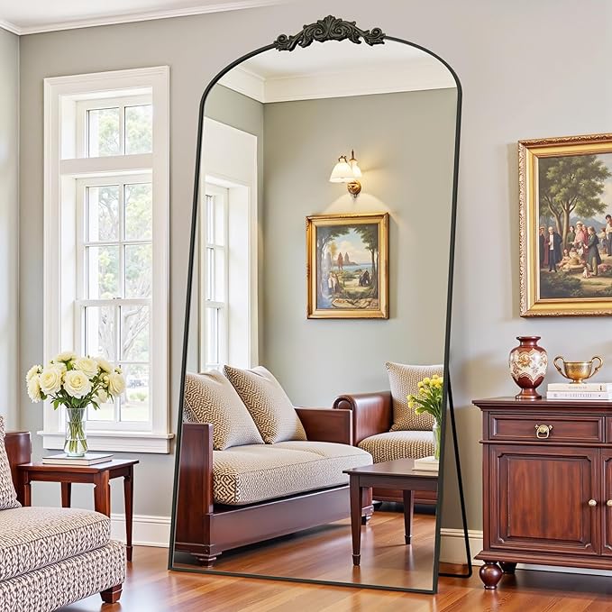 Antok Arched Full Length Mirror, 90"x46" Floor Mirror with Carved, Full Body Mirrors for HomeDecor, Standing/Halling Large Wall Mirror for Bedroom, Living Room, Cloakroom, Bronze, Retro Style