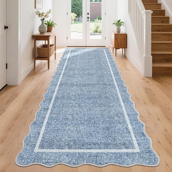 GarveeHome Scalloped Washable Runner Rug 2x10 Non Slip Kitchen Rugs Modern Blue Indoor Entryway Rug Farmhouse Soft Bath Mat Stain Resistant Carpet for Bedroom Hallway Laundry 2'x10' Blue