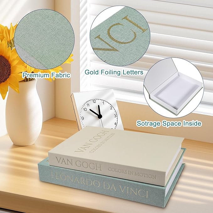 Decorative Books for Home Decor, Set of 2 Linen Decorative Boxes for Aesthetic Room Decoration, Coffee Table Decor, Keepsake, Hidden Storage with Magnetic Closure (Sage+Beige)