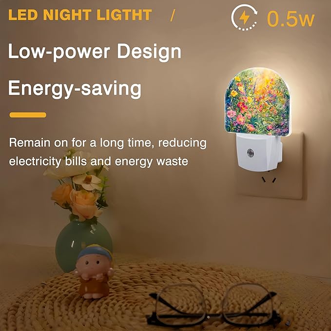 Night Light, Abstract Watercolor Flower Night Lights Plug into Wall Dusk to Dawn Sensor Round Nightlight for Women Men Energy Efficient Led Lamp 0.5W for Stairway Hallway Bedroom