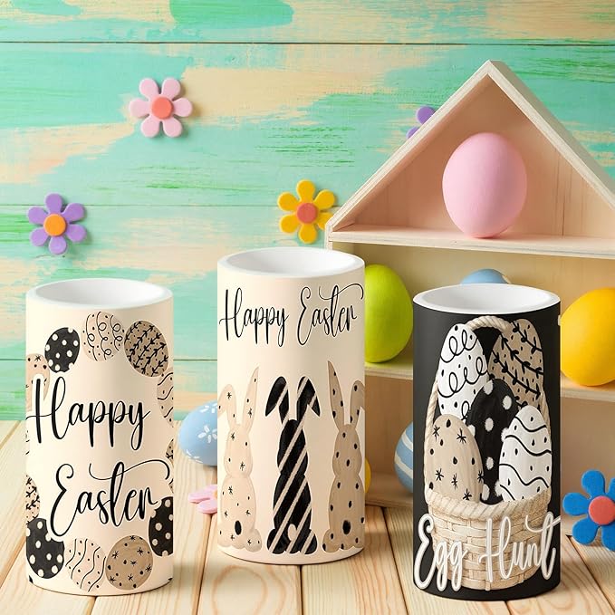 Retisee 3 Pcs Black Brown Easter Flameless LED Candles Battery Operated Bunny Spring Flickering Pillar Candles with Remote Rabbit Easter Centerpiece for Bedroom Living Room Dinner Table Decoration
