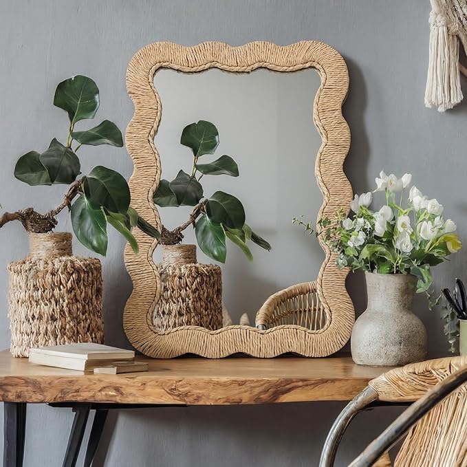 Junkin Boho Scalloped Rattan Mirror Decorative Natural Wicker Wall Mirror with Rattan Frame Boho Coastal Decor for Bathroom Living Room, Entryway Decor(Rectangle,10.4 x 15.8 in)