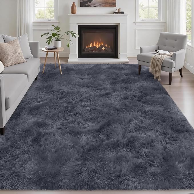 Fluffy 4x6 Area Rugs for Living Room Bedroom: Ultra Soft Shag Rug Non-Slip Non-Shedding Small Plush Bedside Rug Indoor Floor Carpets for Kids Room Playroom Entryway Nursery Dorms Home Decor Grey