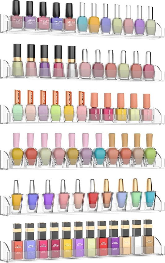 15 Inch Acrylic Nail Polish Rack for Wall Set of 6, Wall Mounted Nail Polish Display Rack with End Caps, Nail Oranizer and Storage for Nail Tech, Hold Up to 90 Bottles (15 Inch)