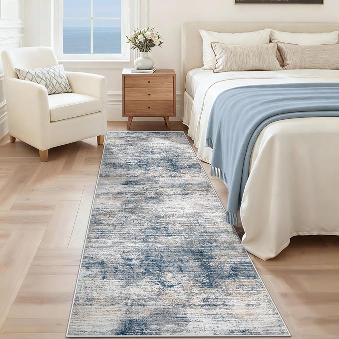 XLUEZ 2x7 Runner Rug for Hallway, Washable Modern Abstract Runner Rugs Neutral Soft Non Slip Kids Rug Stain Resistant Indoor Runners for Entryway Bedroom Kitchen Laundry Room(BlueWhite, 2'x7')