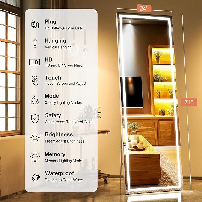 71" x 24" Full Length Mirror with Lights, LED Lighted Floor Standing Body Mirror, Dimmable & 3 Color Lighting for Bedroom, Cloakroom, Dressing Room, Tempered Glass, White Frame